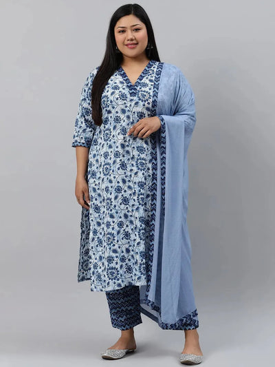 Plus Size Blue Printed Cotton Suit Set - Libas