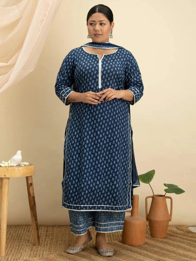 Plus Size Blue Printed Cotton Suit Set - Libas