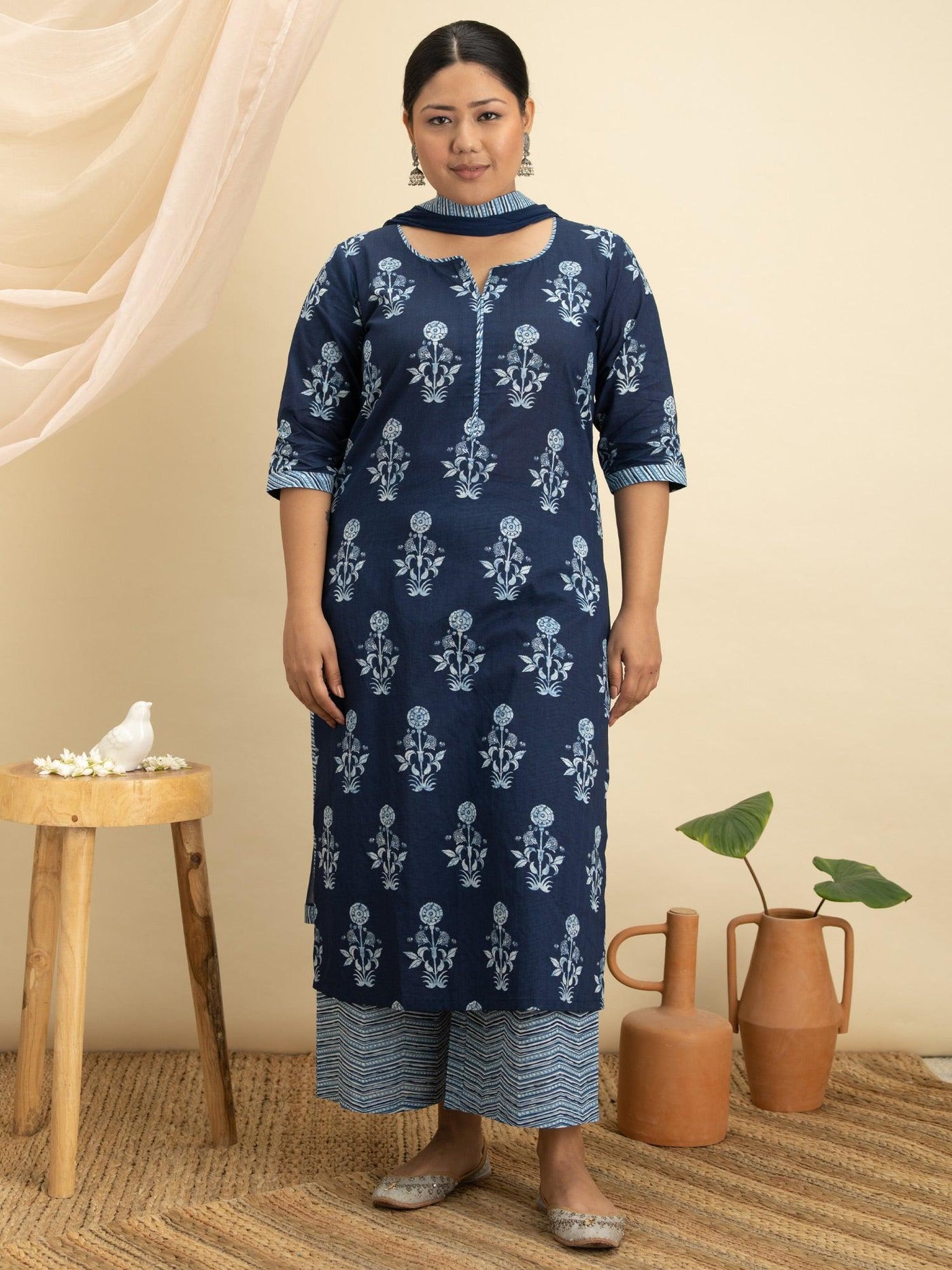 Plus Size Blue Printed Cotton Suit Set - Libas
