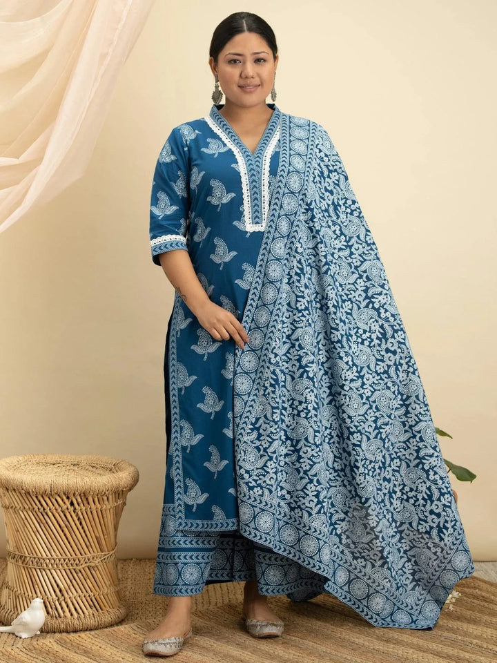 Plus Size Blue Printed Cotton Suit Set - Libas