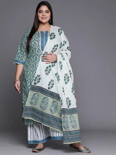 Plus Size Blue Printed Cotton Suit Set - Libas