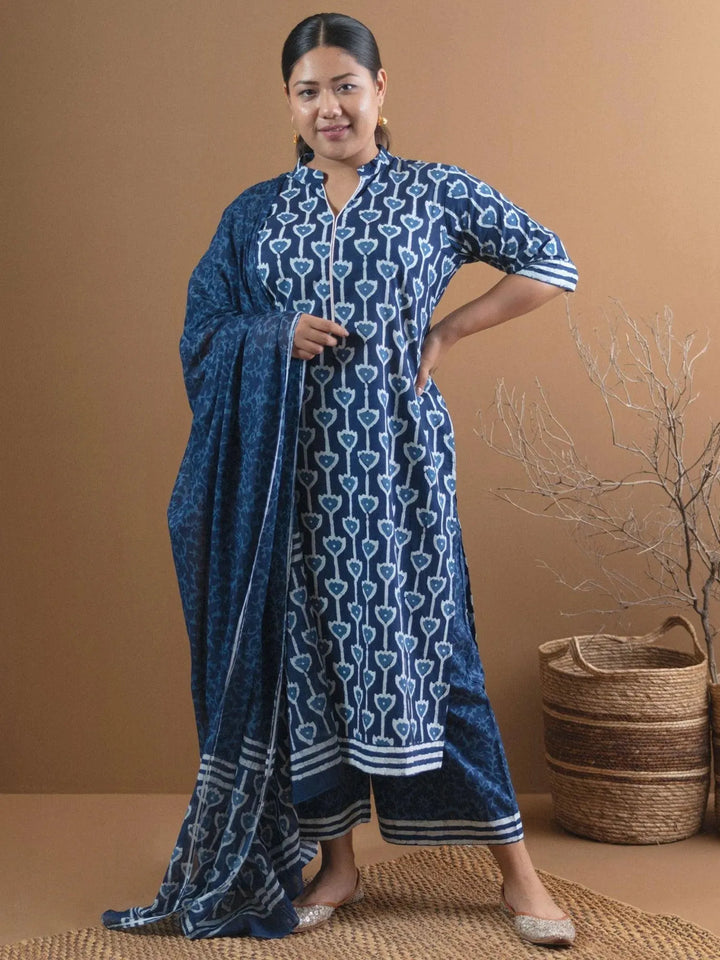 Plus Size Blue Printed Cotton Straight Suit Set - Libas