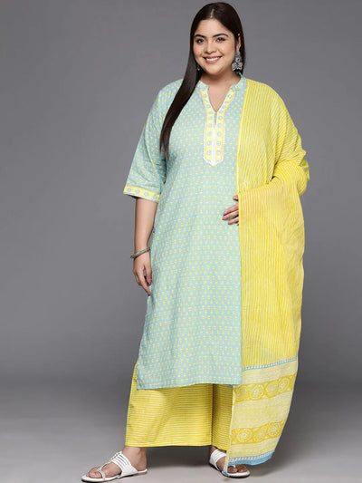 Plus Size Blue Printed Cotton Straight Kurta With Palazzos & Dupatta - Libas