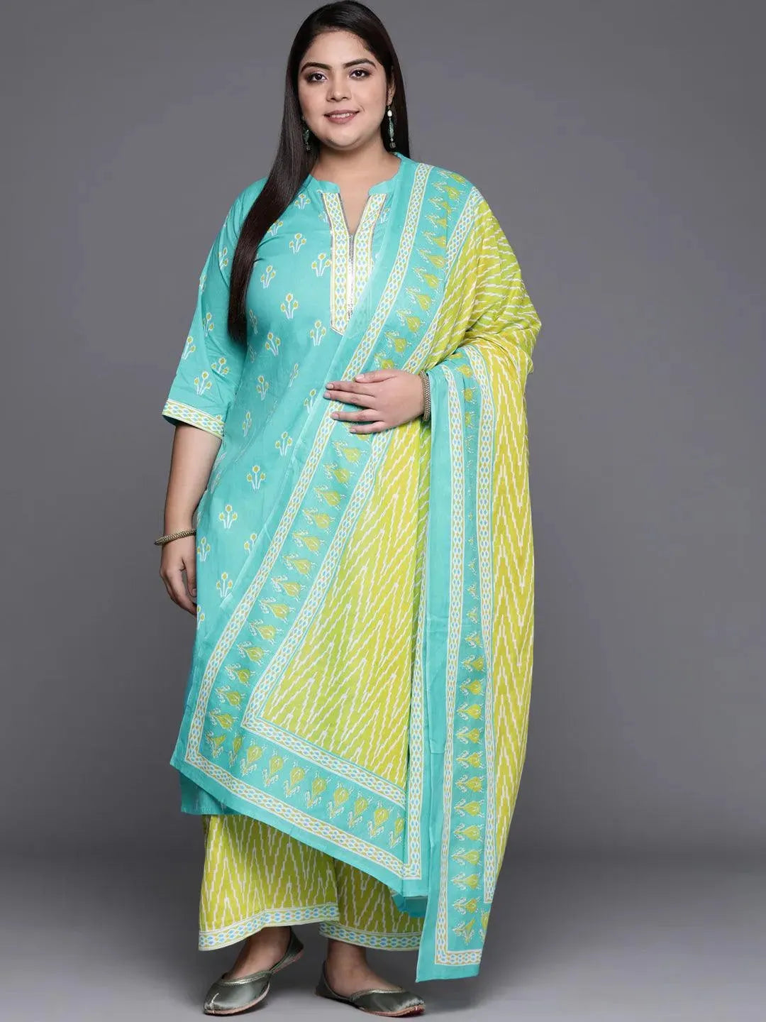 Plus Size Blue Printed Cotton Suit Set - Libas