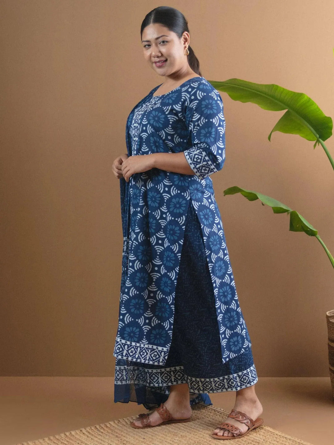Plus Size Blue Printed Cotton Suit Set - Libas 