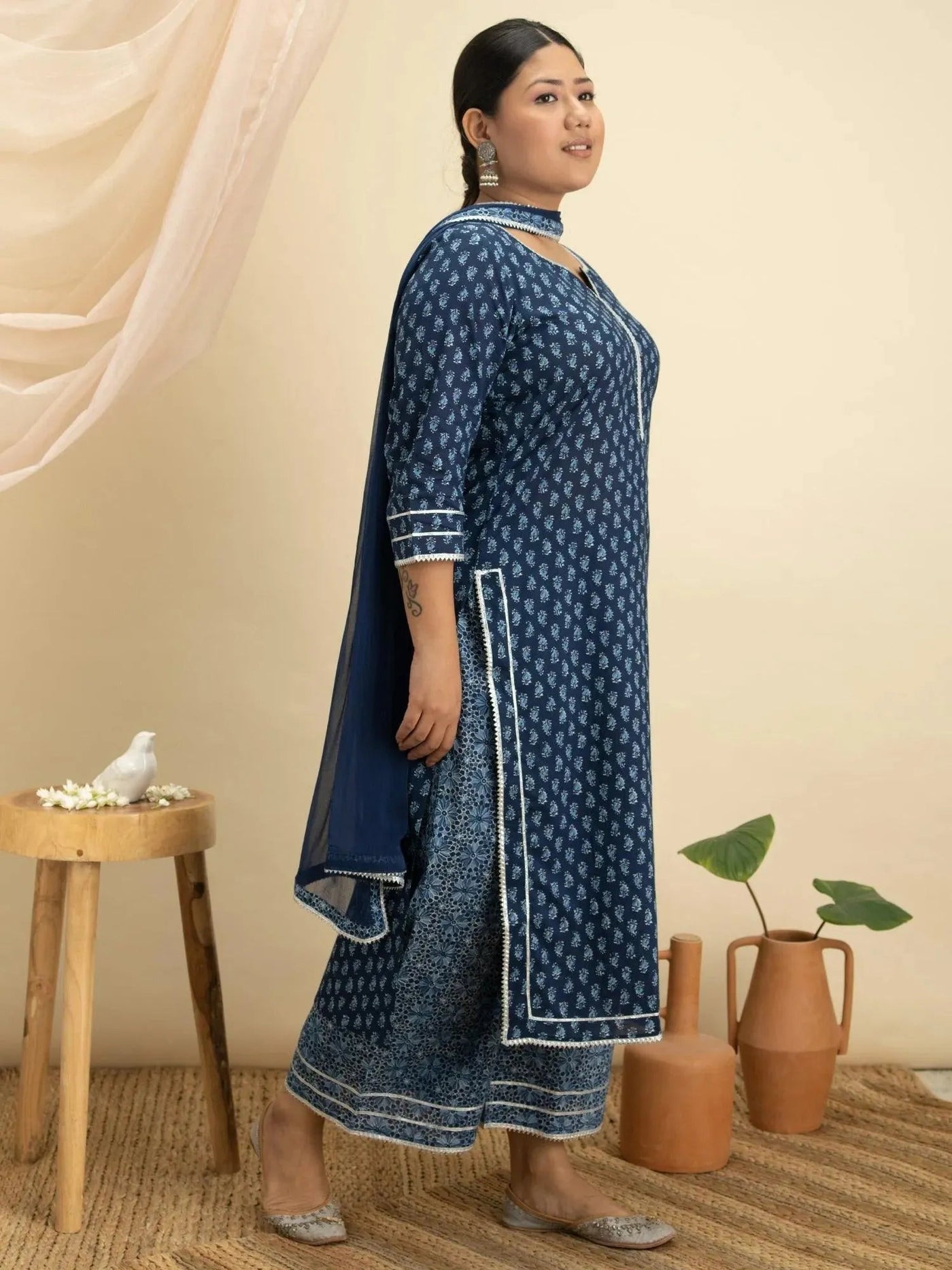 Plus Size Blue Printed Cotton Suit Set - Libas