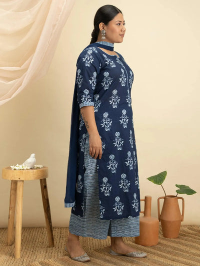 Plus Size Blue Printed Cotton Suit Set - Libas