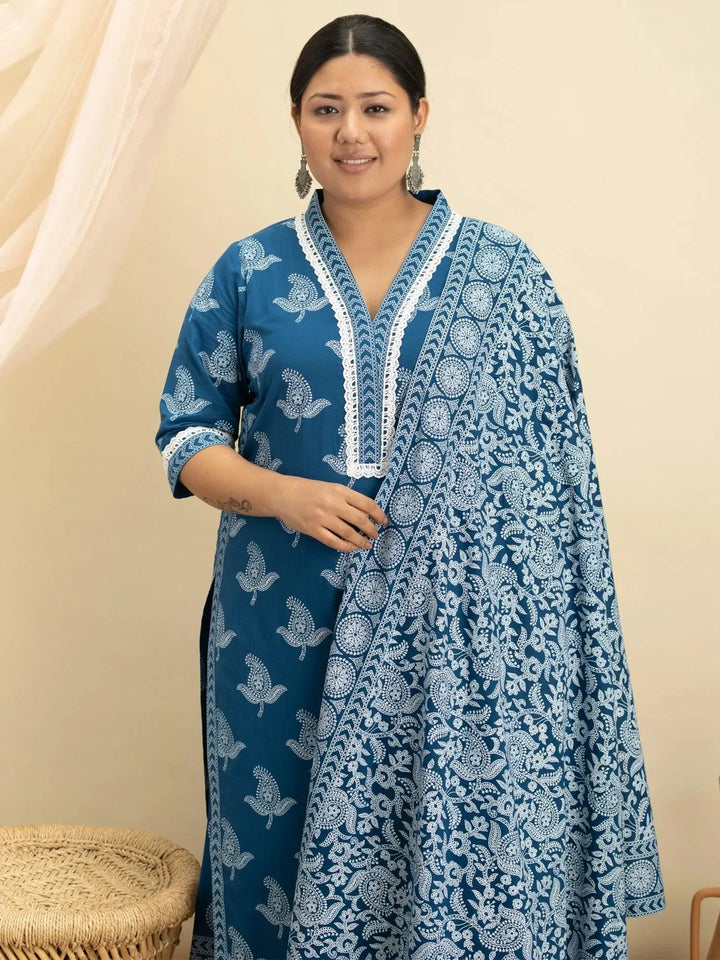 Plus Size Blue Printed Cotton Suit Set - Libas