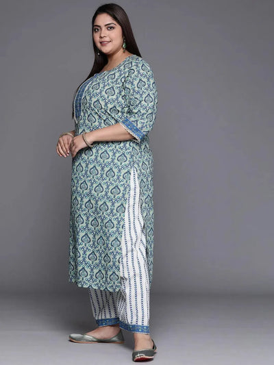 Plus Size Blue Printed Cotton Suit Set - Libas