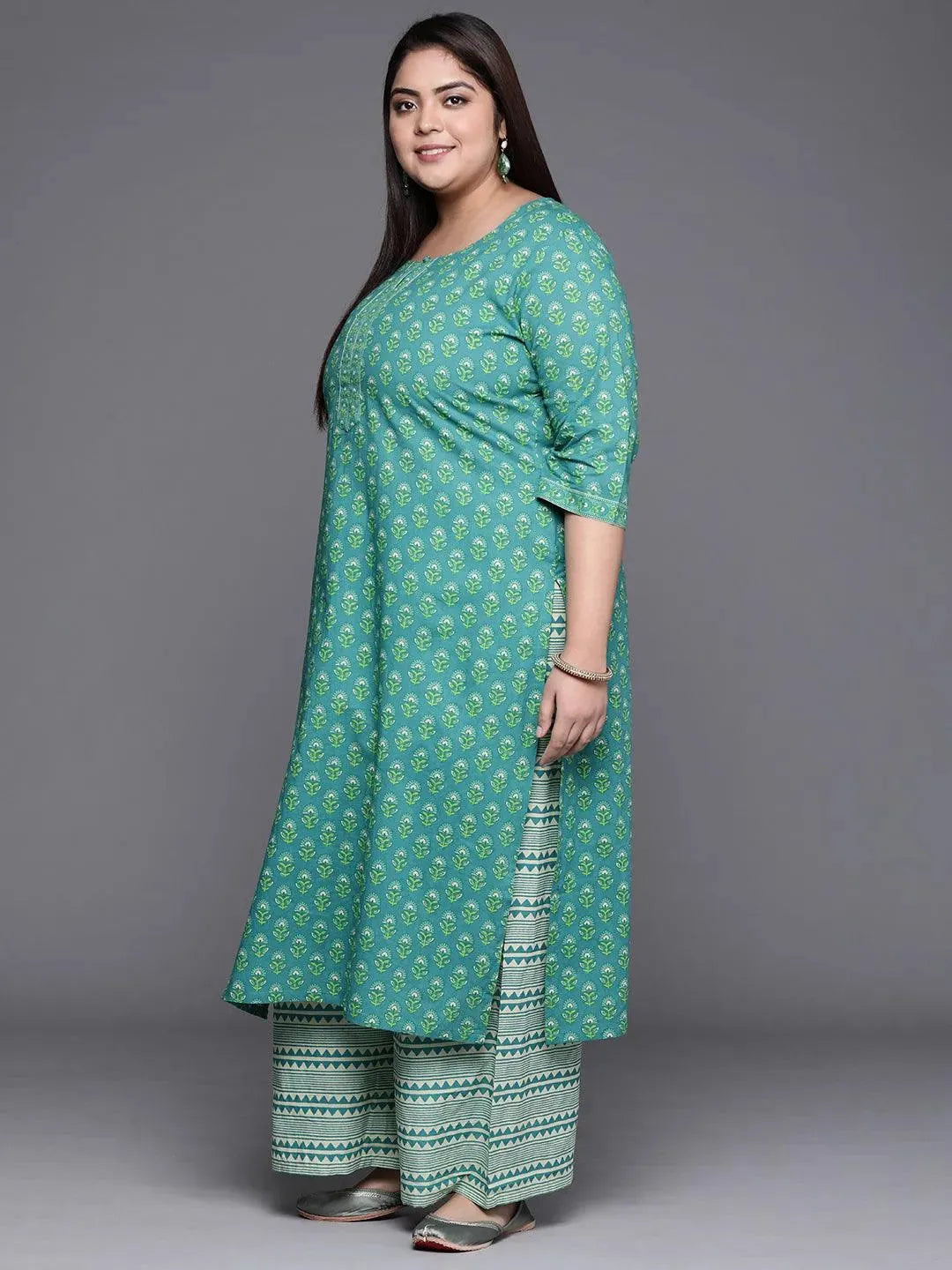 Plus Size Blue Printed Cotton Suit Set - Libas 