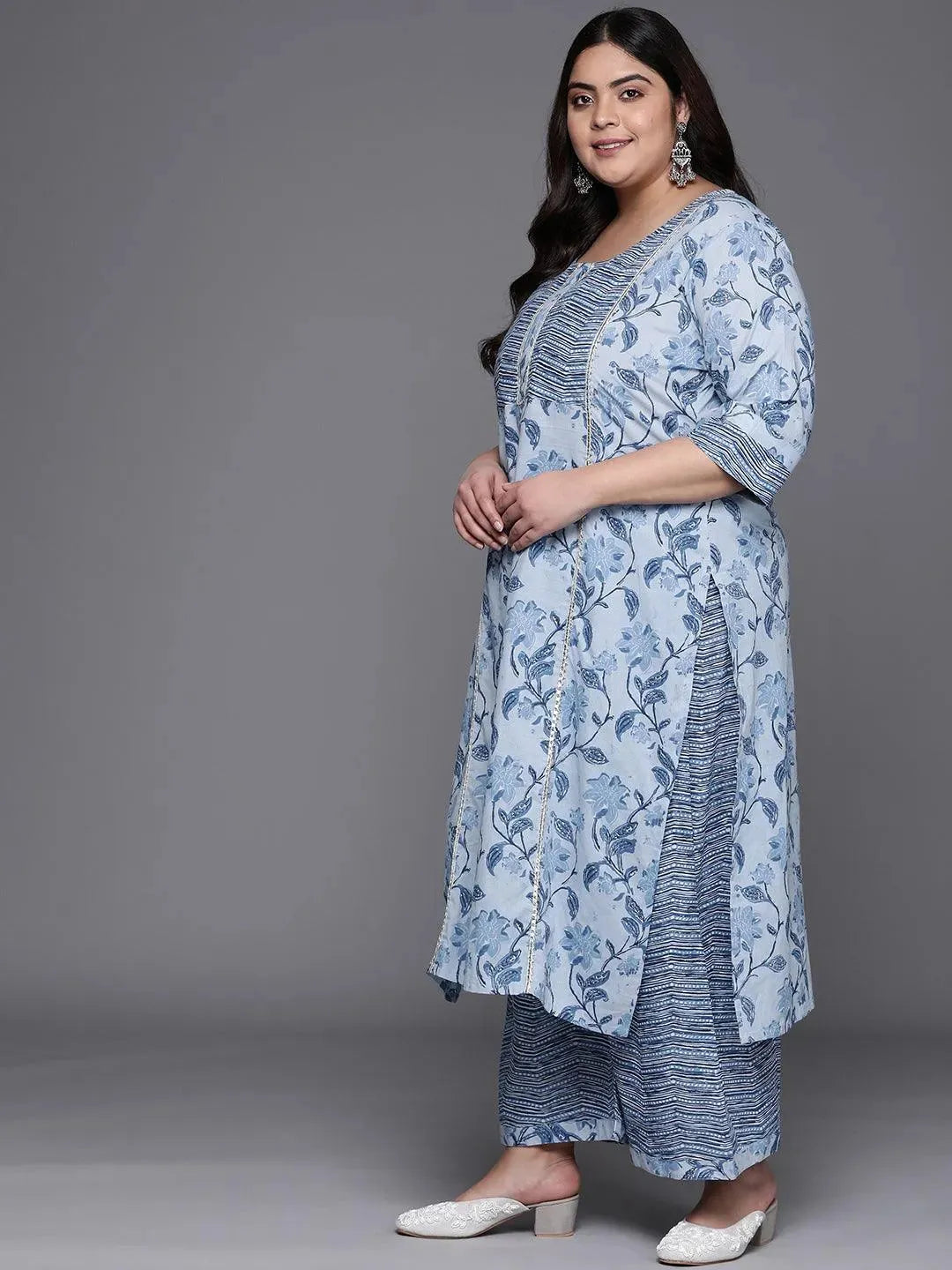 Plus Size Blue Printed Cotton Suit Set - Libas 
