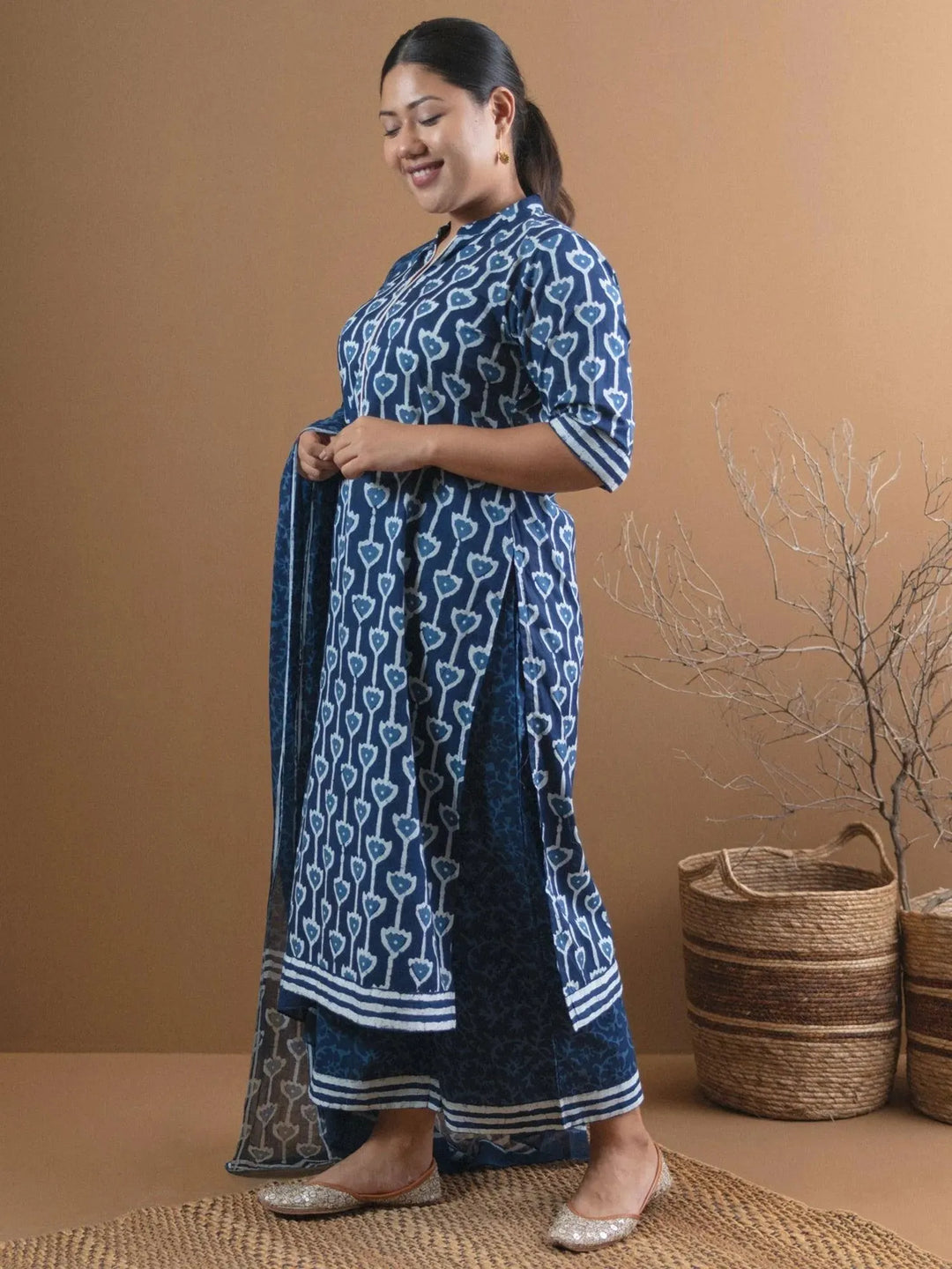 Plus Size Blue Printed Cotton Straight Suit Set - Libas