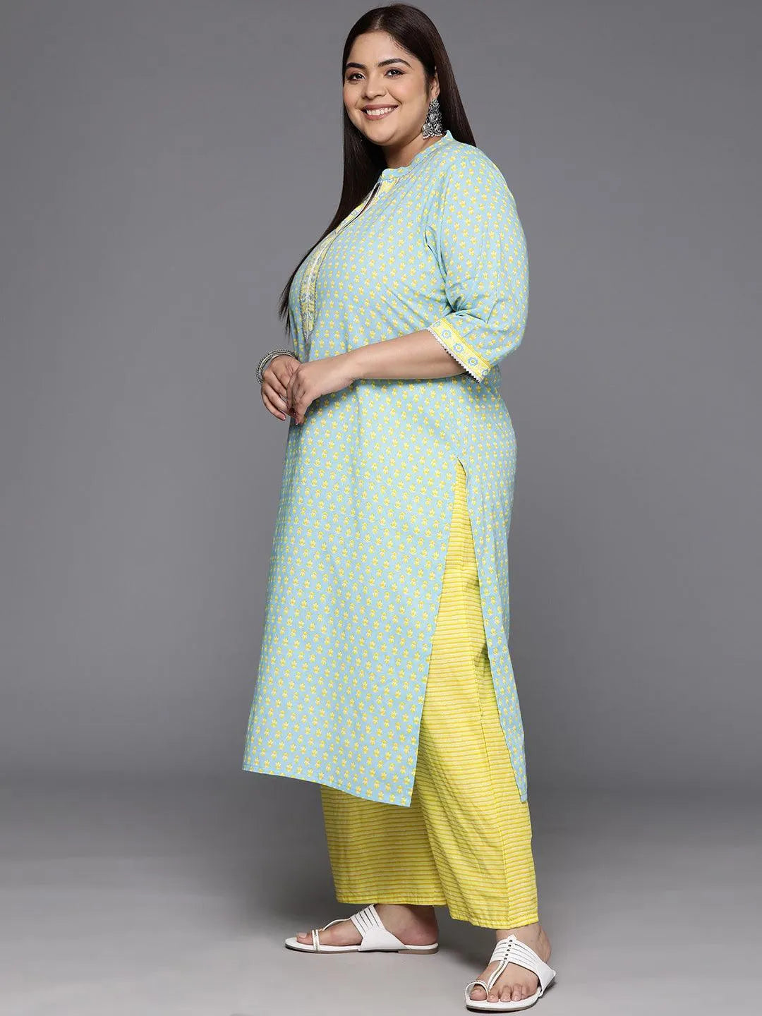Plus Size Blue Printed Cotton Straight Kurta With Palazzos & Dupatta - Libas 