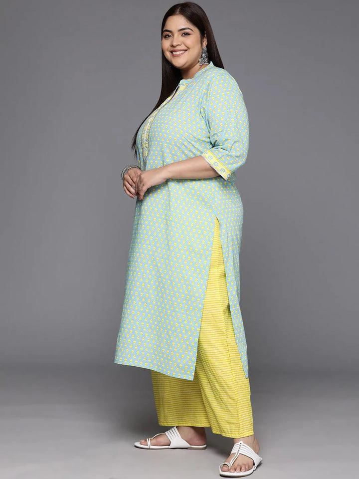 Plus Size Blue Printed Cotton Straight Kurta With Palazzos & Dupatta - Libas