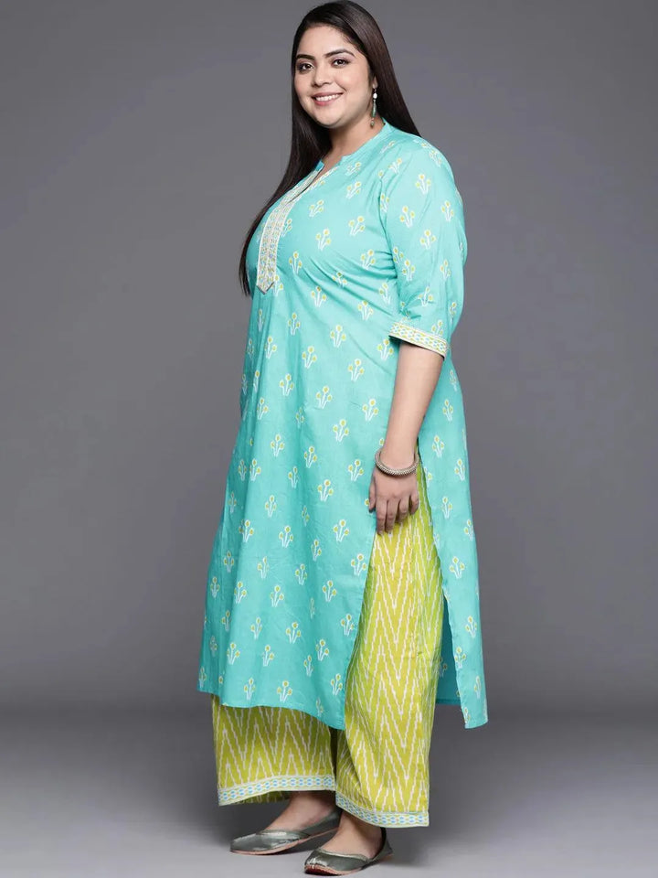 Plus Size Blue Printed Cotton Suit Set - Libas