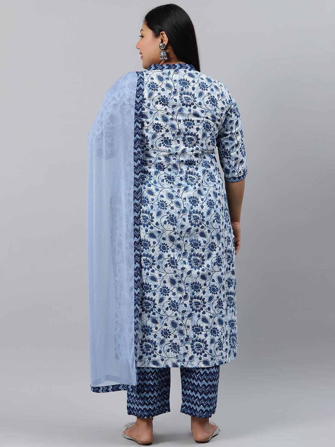 Plus Size Blue Printed Cotton Suit Set - Libas
