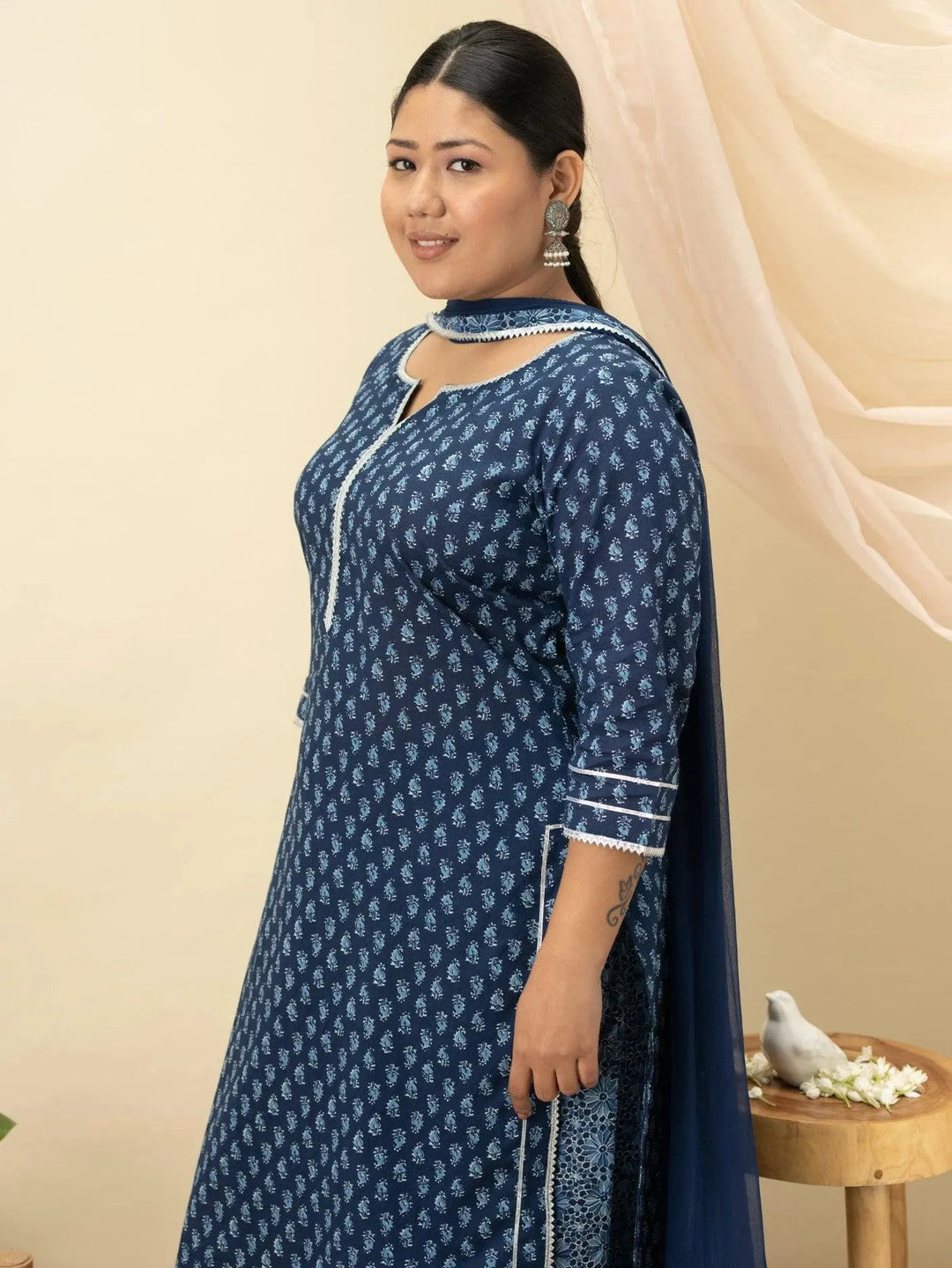 Plus Size Blue Printed Cotton Suit Set - Libas 