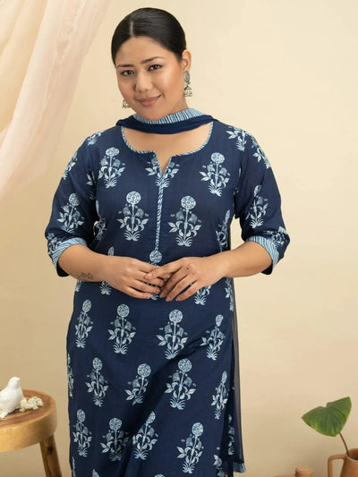 Plus Size Blue Printed Cotton Suit Set - Libas