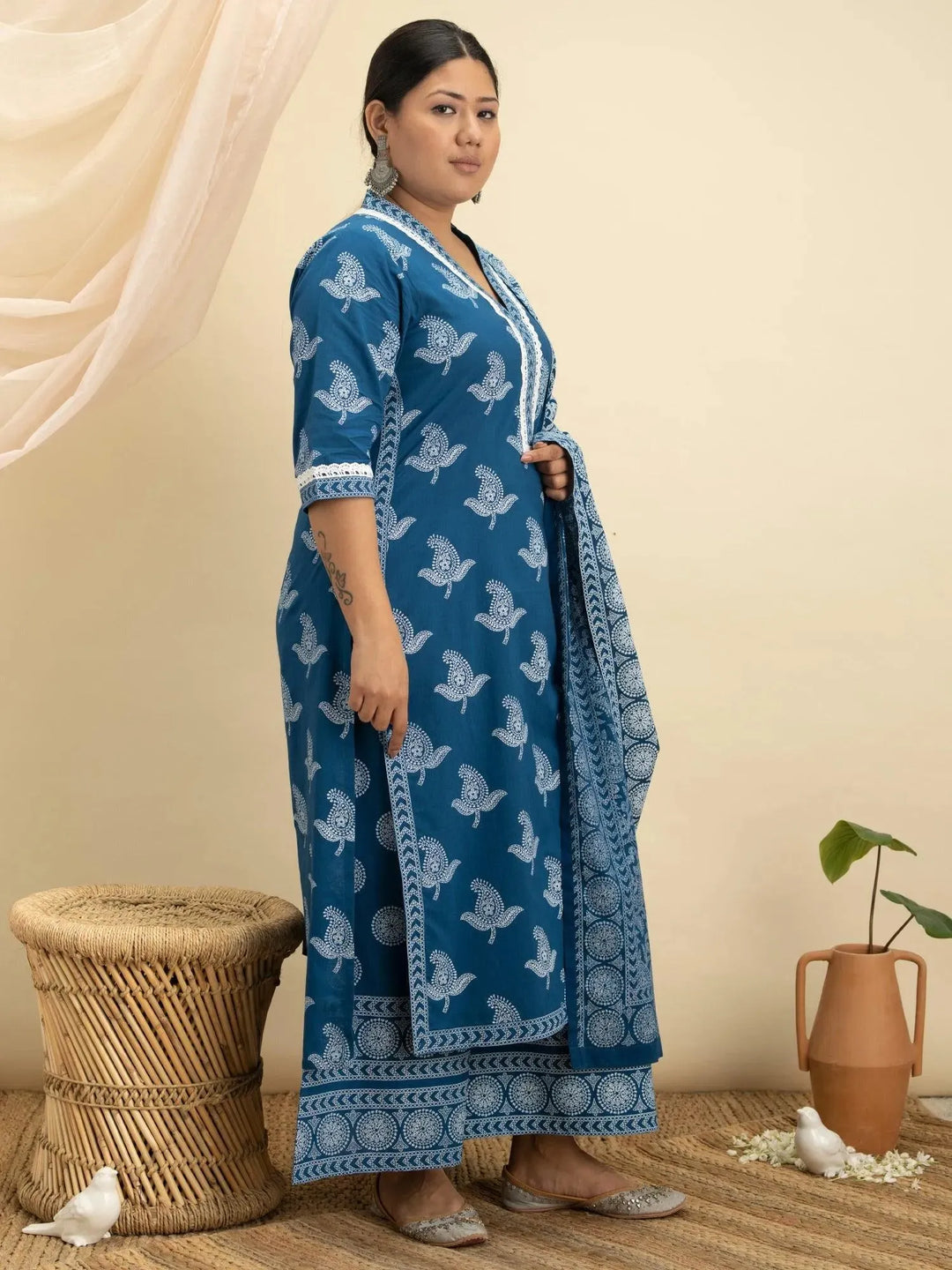 Plus Size Blue Printed Cotton Suit Set - Libas