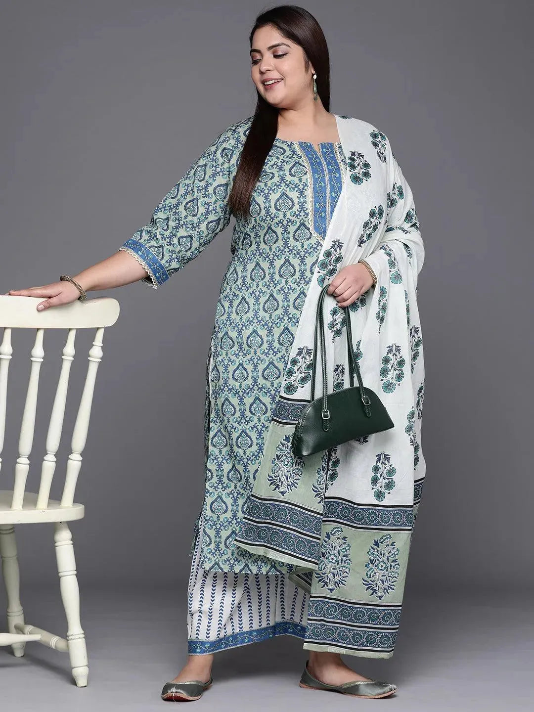 Plus Size Blue Printed Cotton Suit Set - Libas