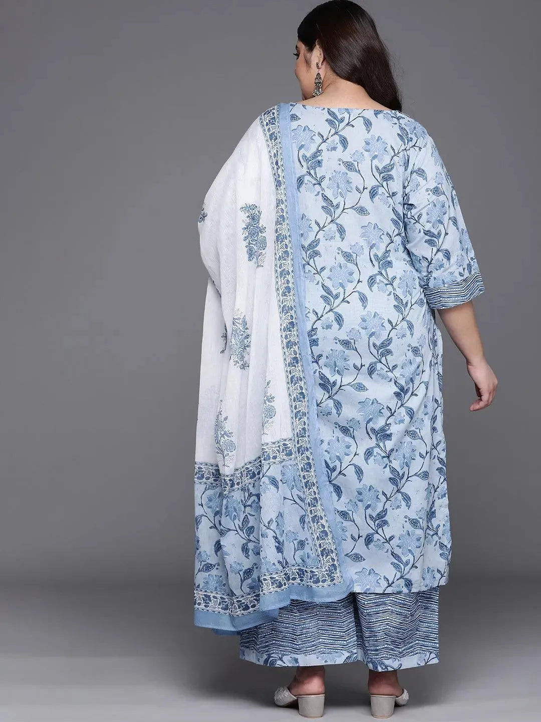 Plus Size Blue Printed Cotton Suit Set - Libas 