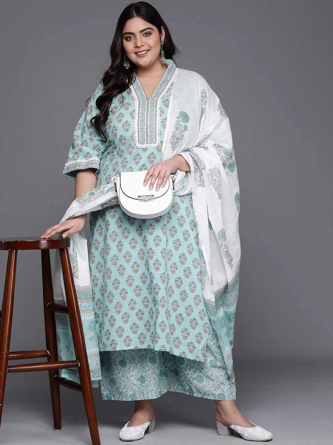 Plus Size Blue Printed Cotton Suit Set - Libas