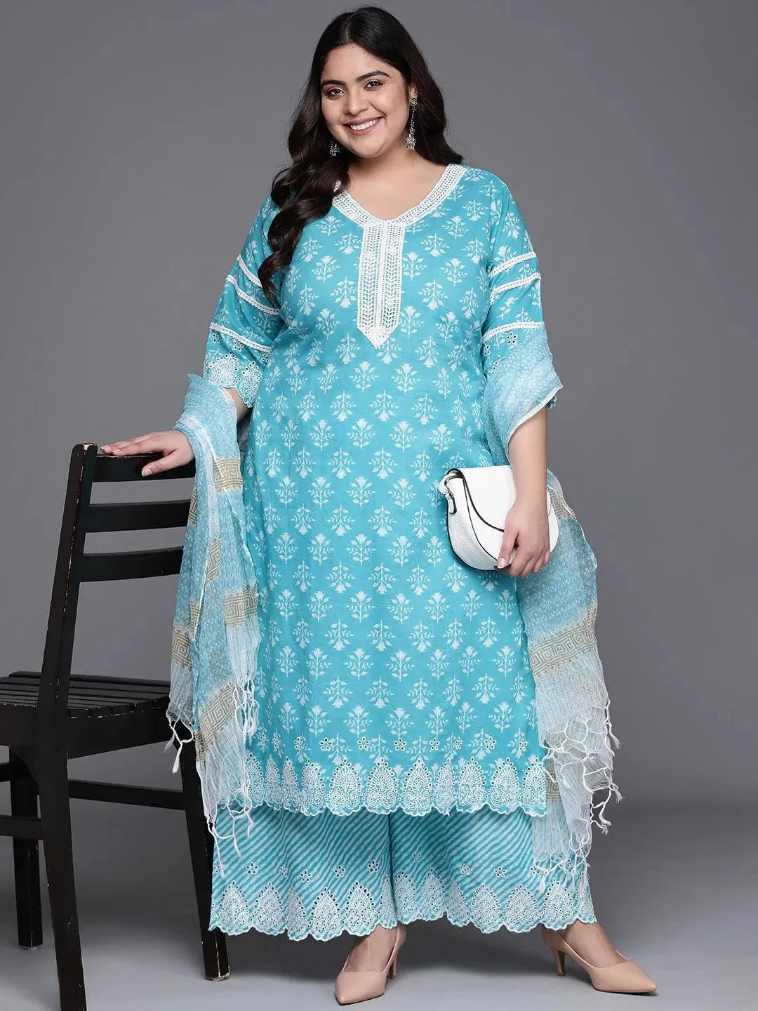 Plus Size Blue Printed Cotton Suit Set - Libas