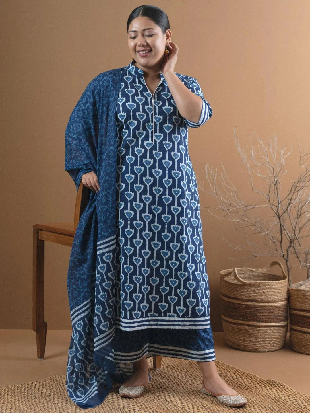 Plus Size Blue Printed Cotton Straight Suit Set - Libas