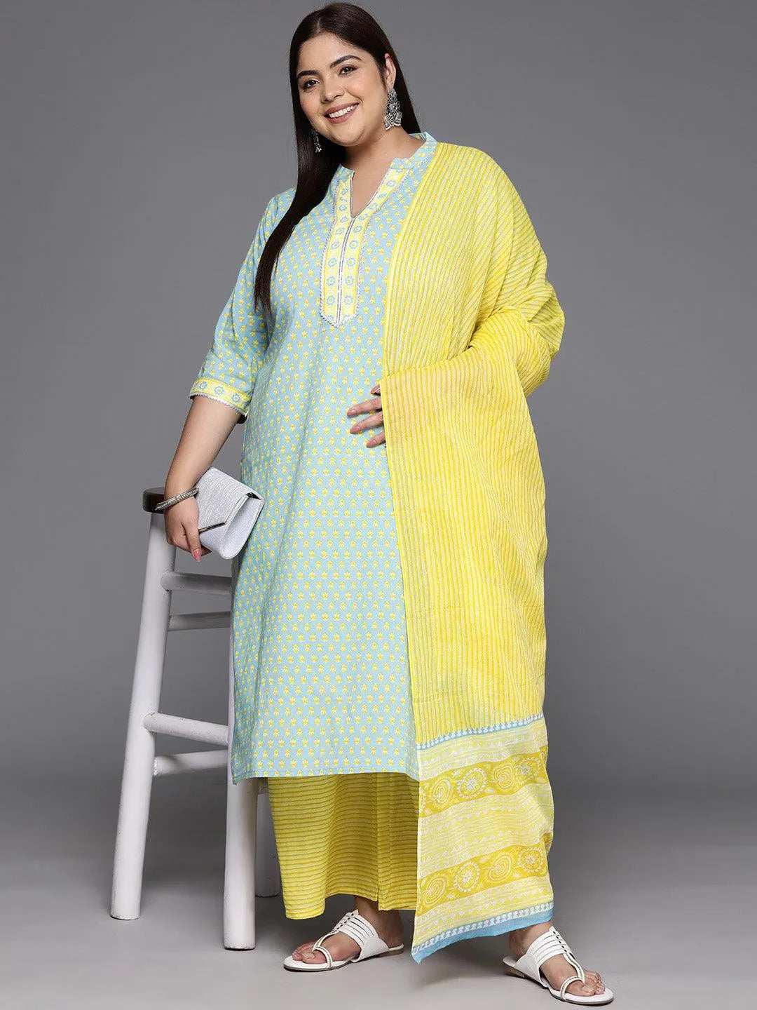 Plus Size Blue Printed Cotton Straight Kurta With Palazzos & Dupatta - Libas 