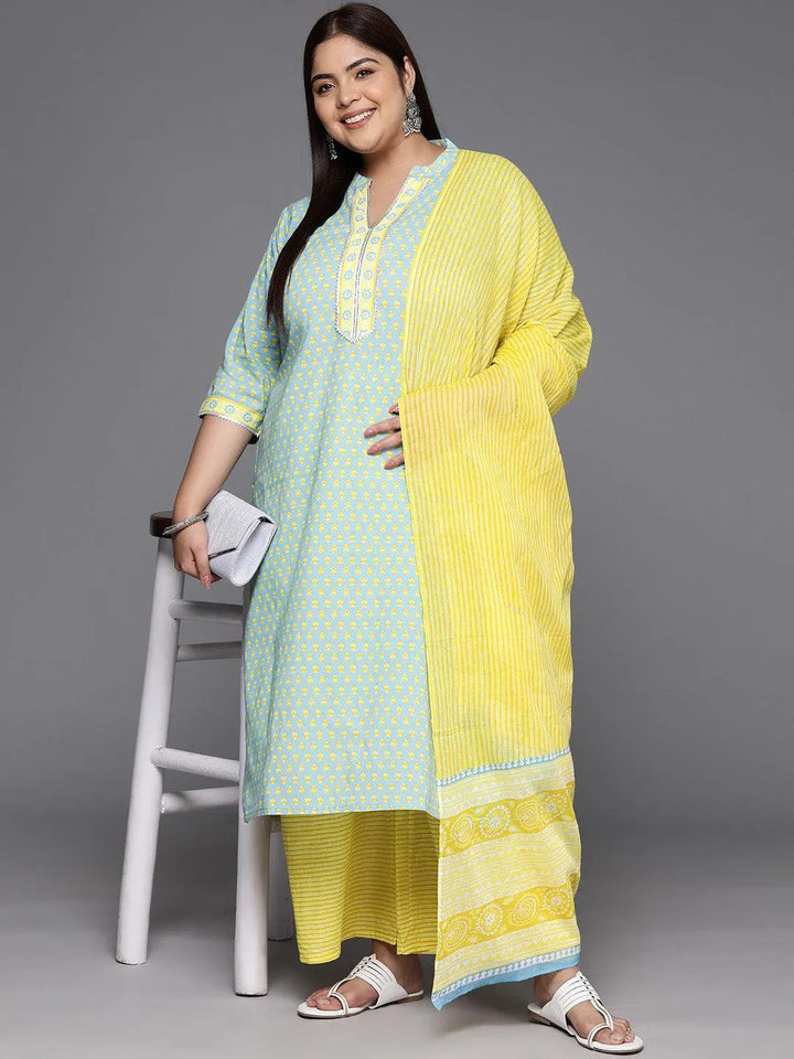 Plus Size Blue Printed Cotton Straight Kurta With Palazzos & Dupatta - Libas