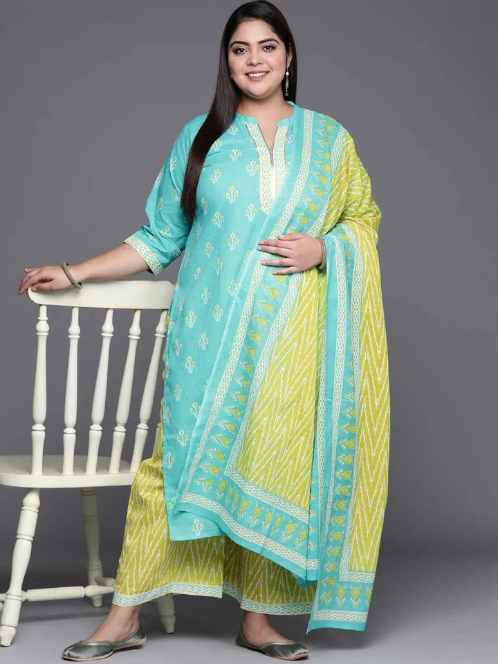 Plus Size Blue Printed Cotton Suit Set - Libas