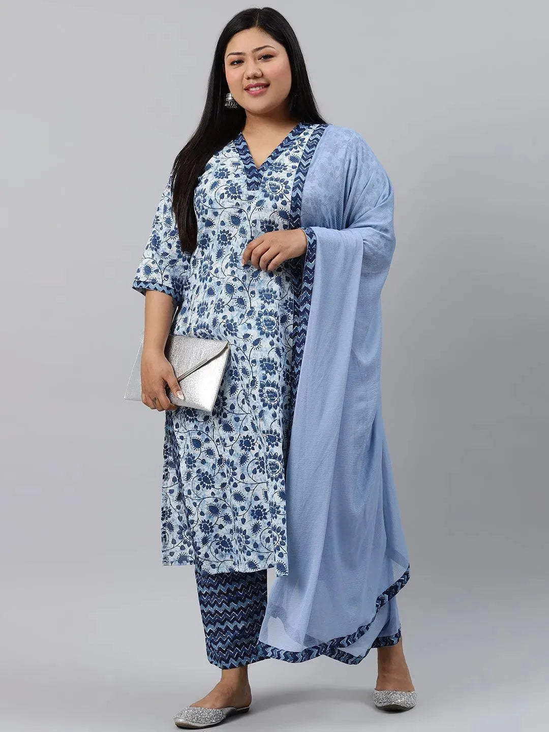 Plus Size Blue Printed Cotton Suit Set - Libas