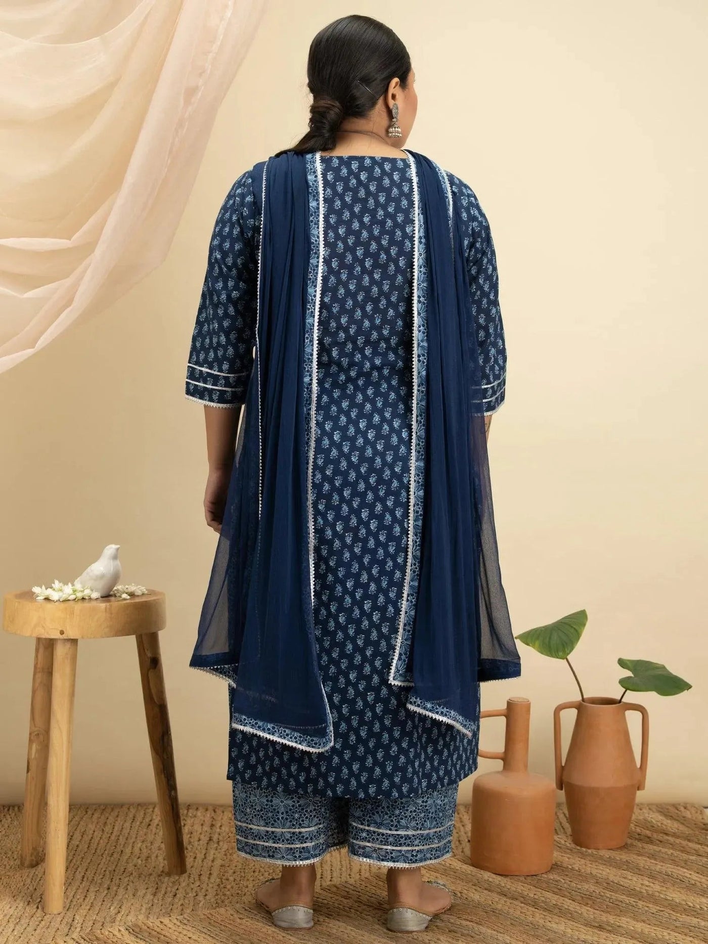 Plus Size Blue Printed Cotton Suit Set - Libas