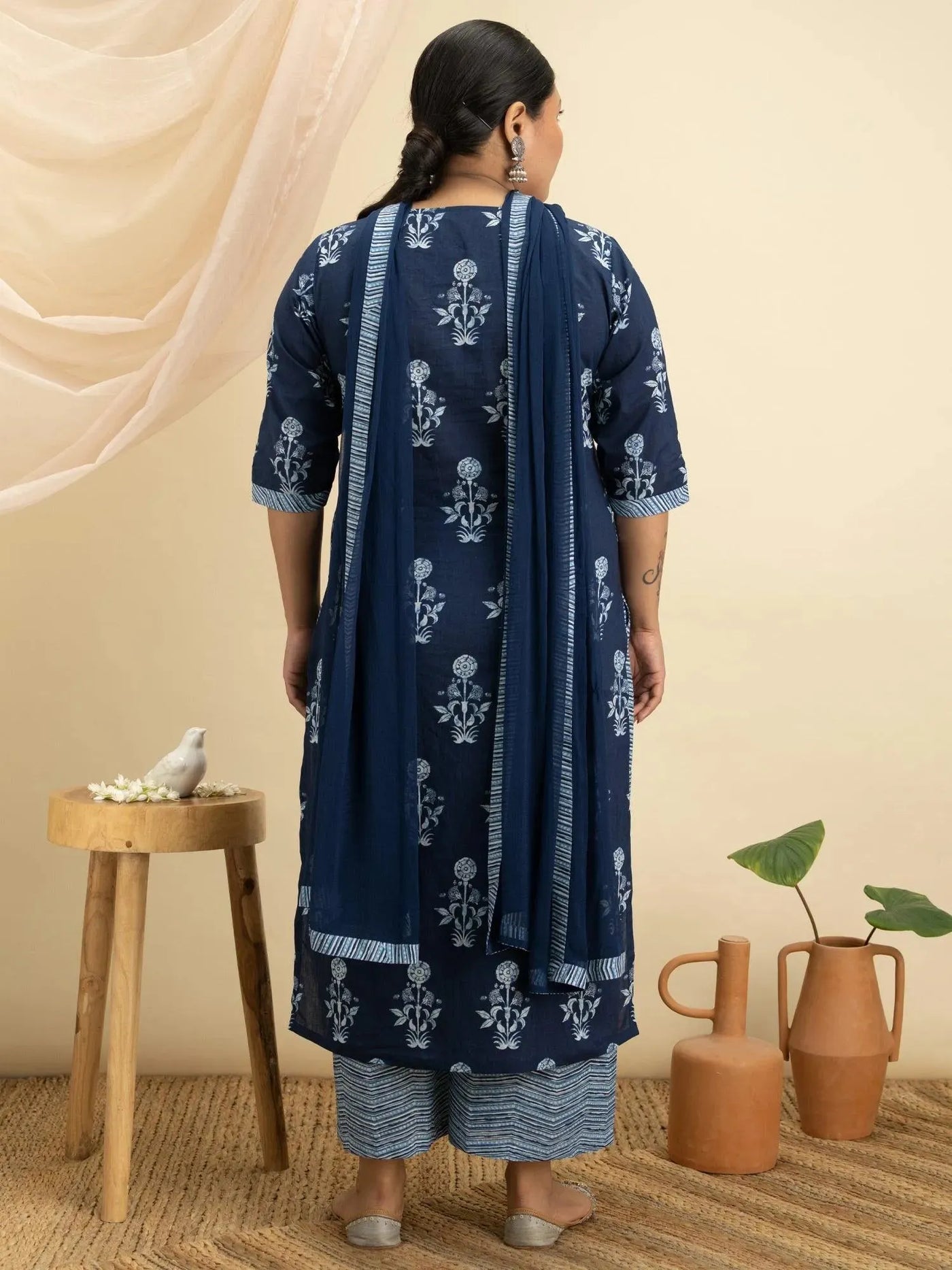 Plus Size Blue Printed Cotton Suit Set - Libas