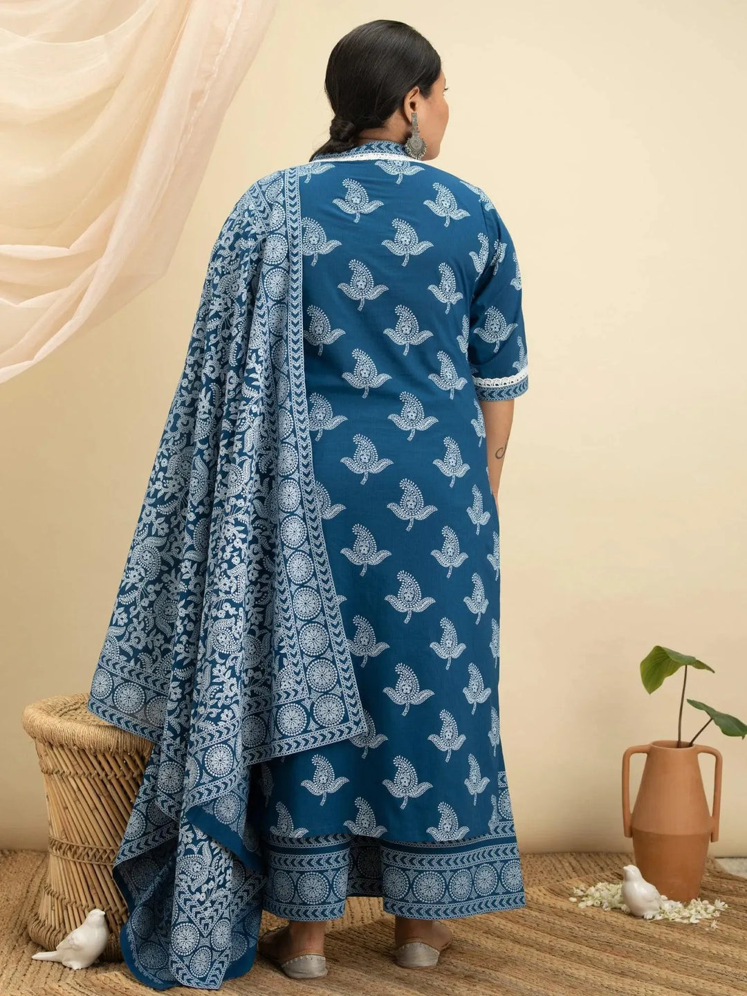 Plus Size Blue Printed Cotton Suit Set - Libas