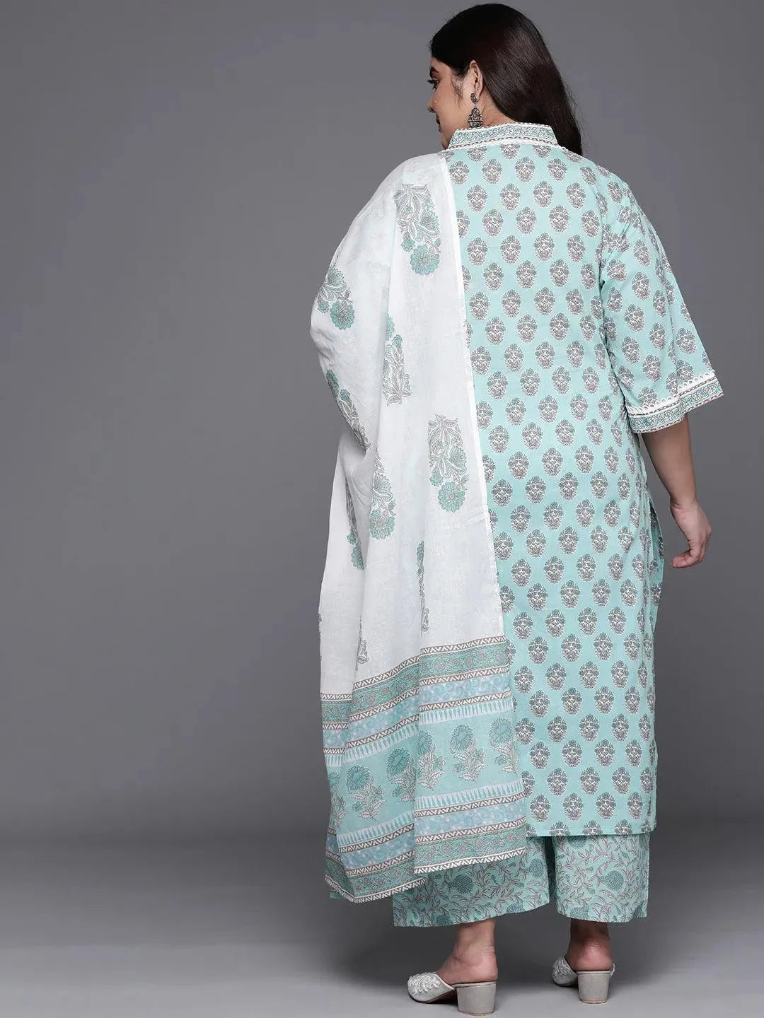 Plus Size Blue Printed Cotton Suit Set - Libas