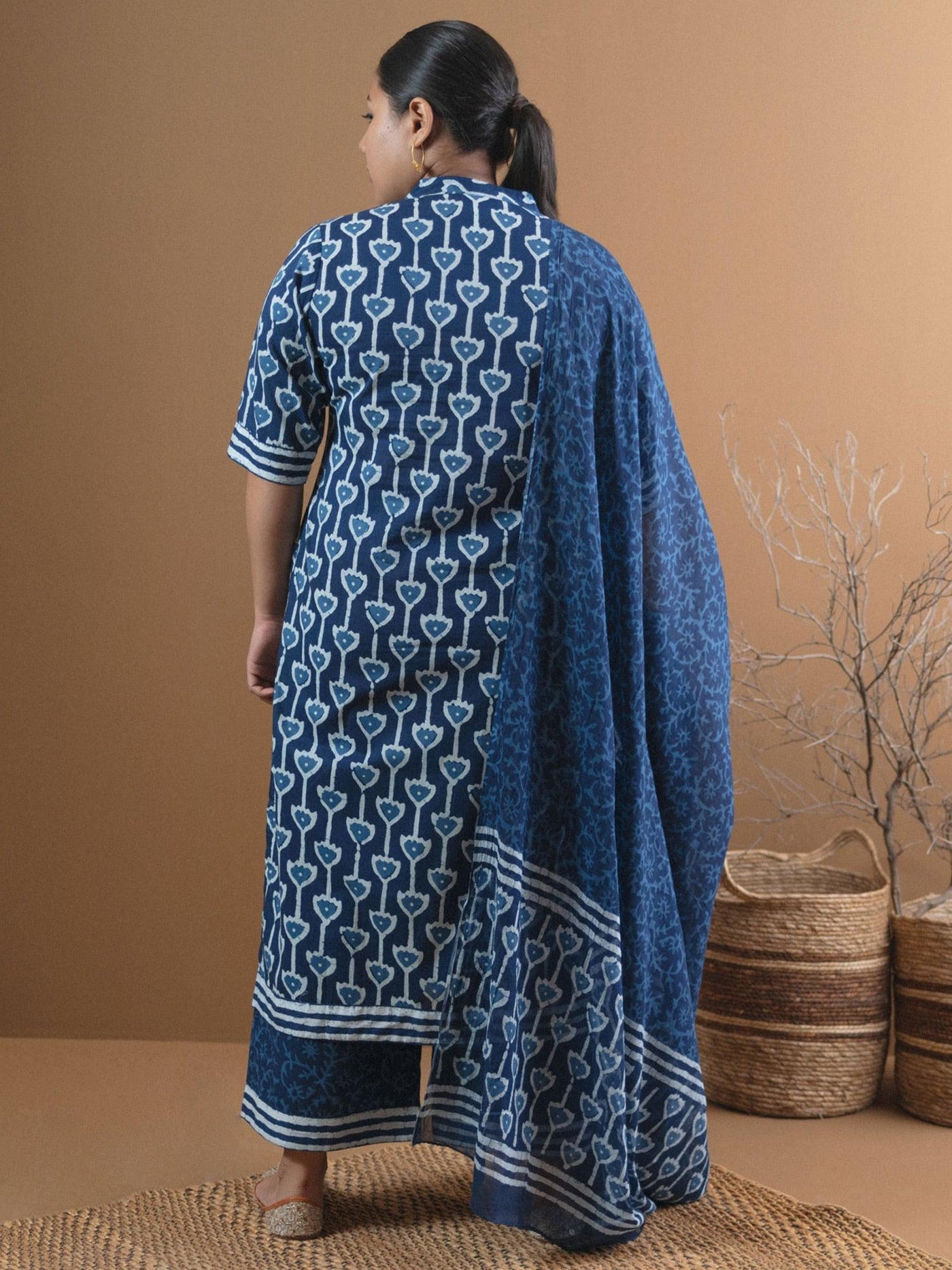 Plus Size Blue Printed Cotton Straight Suit Set - Libas