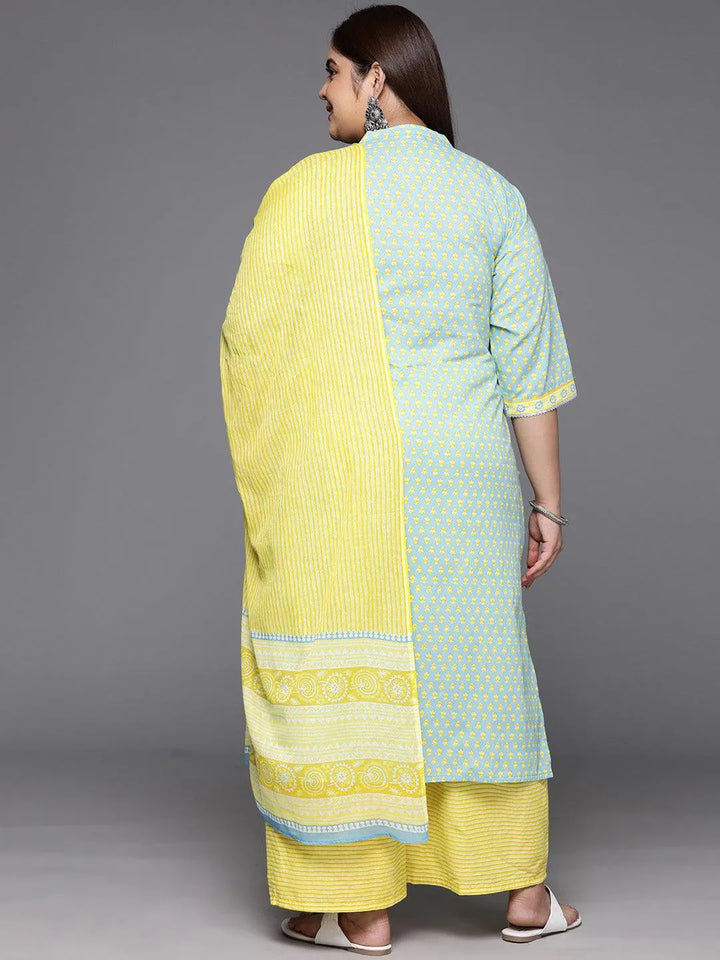 Plus Size Blue Printed Cotton Straight Kurta With Palazzos & Dupatta - Libas