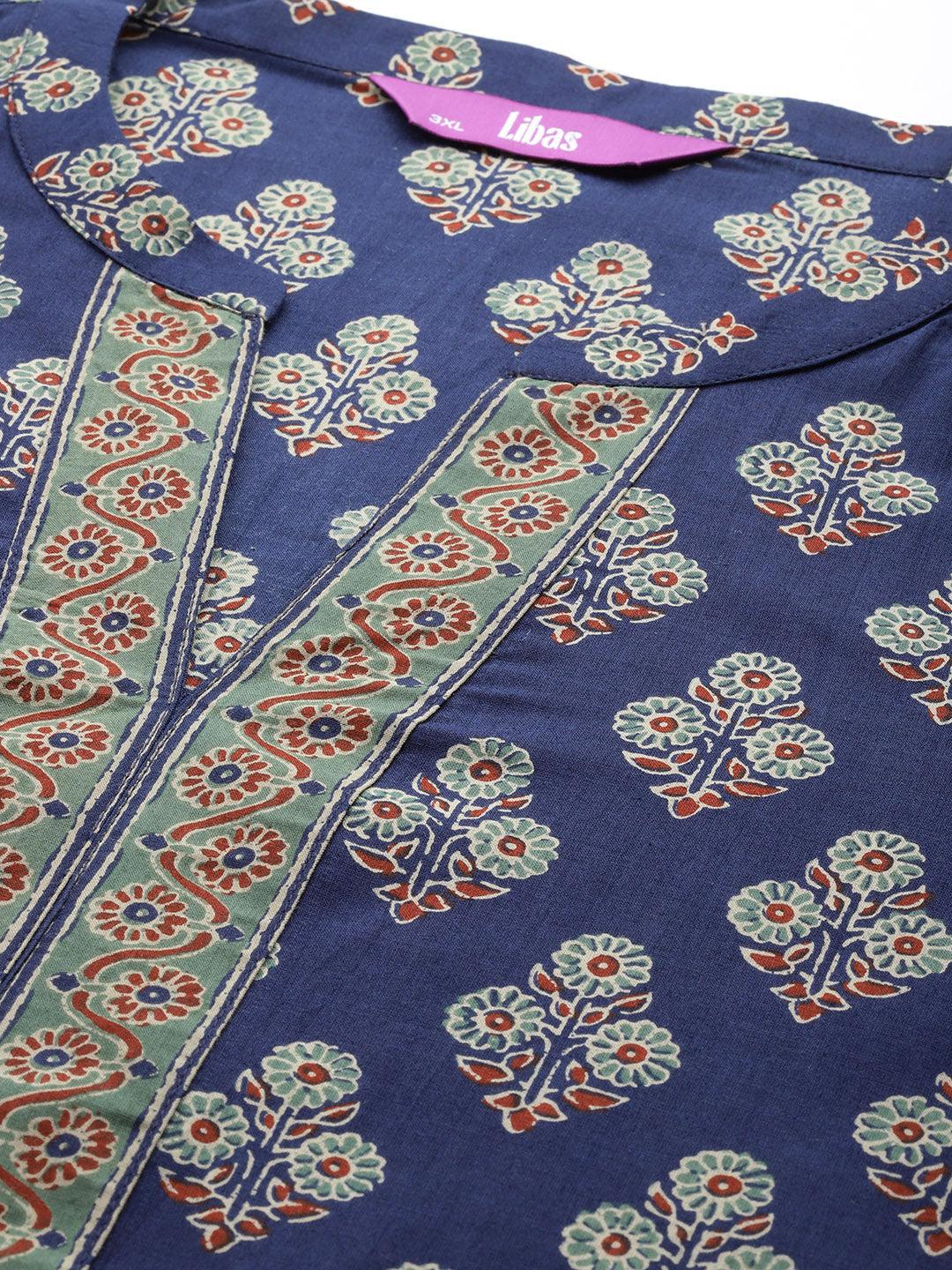 Plus Size Blue Printed Cotton Straight Kurta With Palazzos & Dupatta - Libas