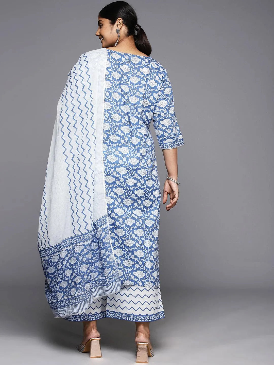 Plus Size Blue Printed Cotton Straight Kurta With Palazzos & Dupatta - Libas 