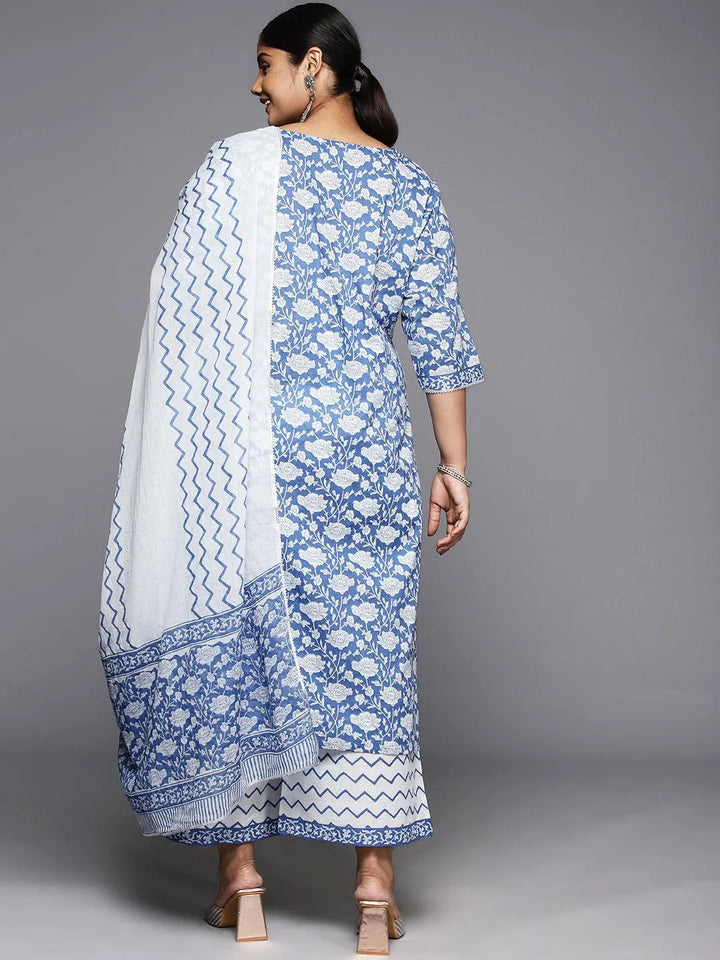 Plus Size Blue Printed Cotton Straight Kurta With Palazzos & Dupatta - Libas