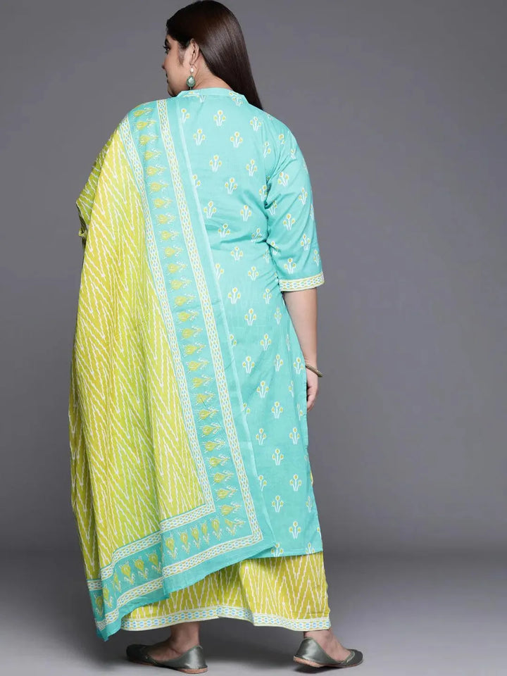 Plus Size Blue Printed Cotton Suit Set - Libas