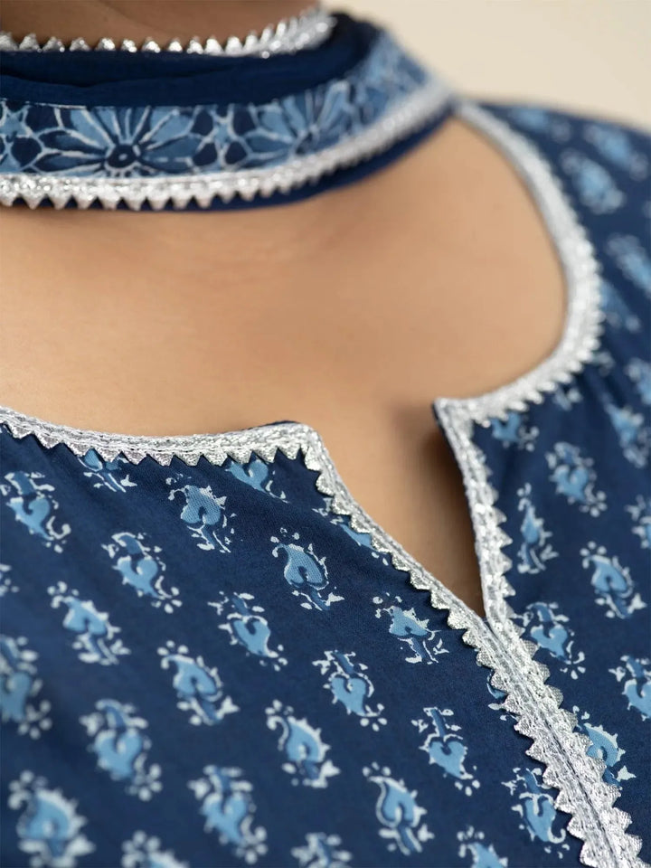 Plus Size Blue Printed Cotton Suit Set - Libas
