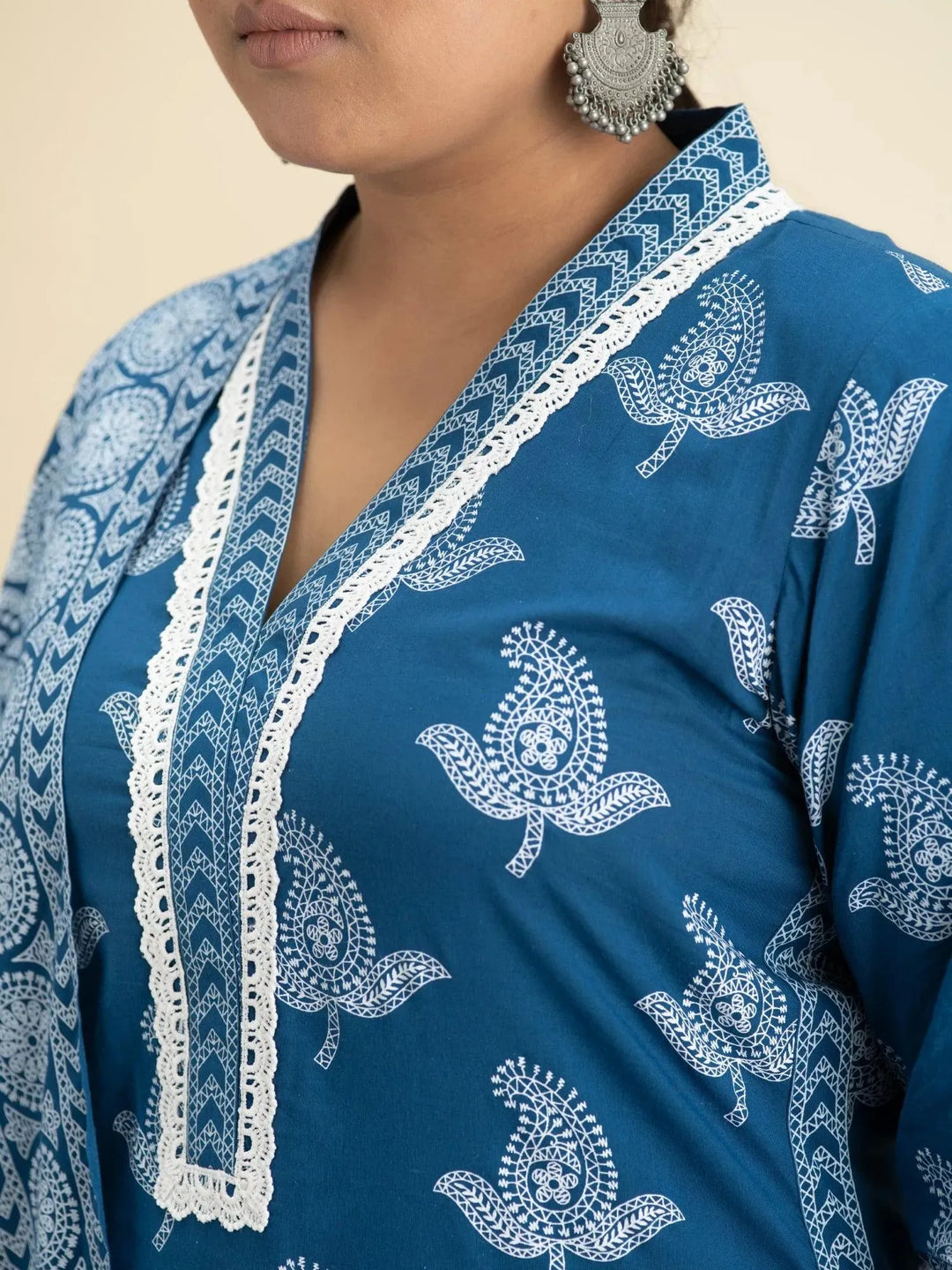 Plus Size Blue Printed Cotton Suit Set - Libas