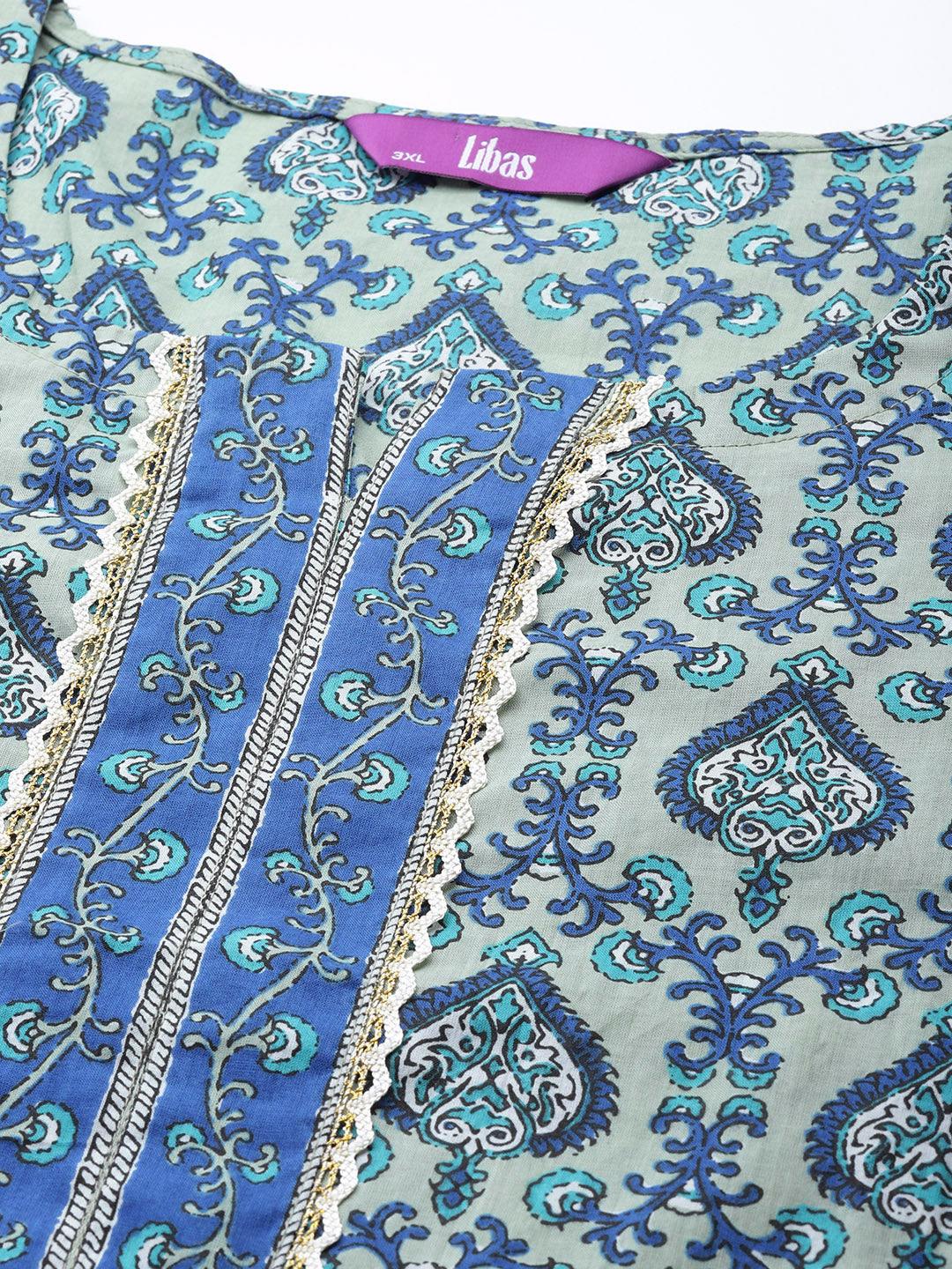 Plus Size Blue Printed Cotton Straight Kurta With Palazzos & Dupatta