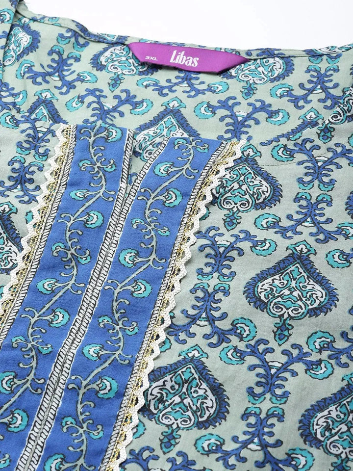 Plus Size Blue Printed Cotton Suit Set - Libas