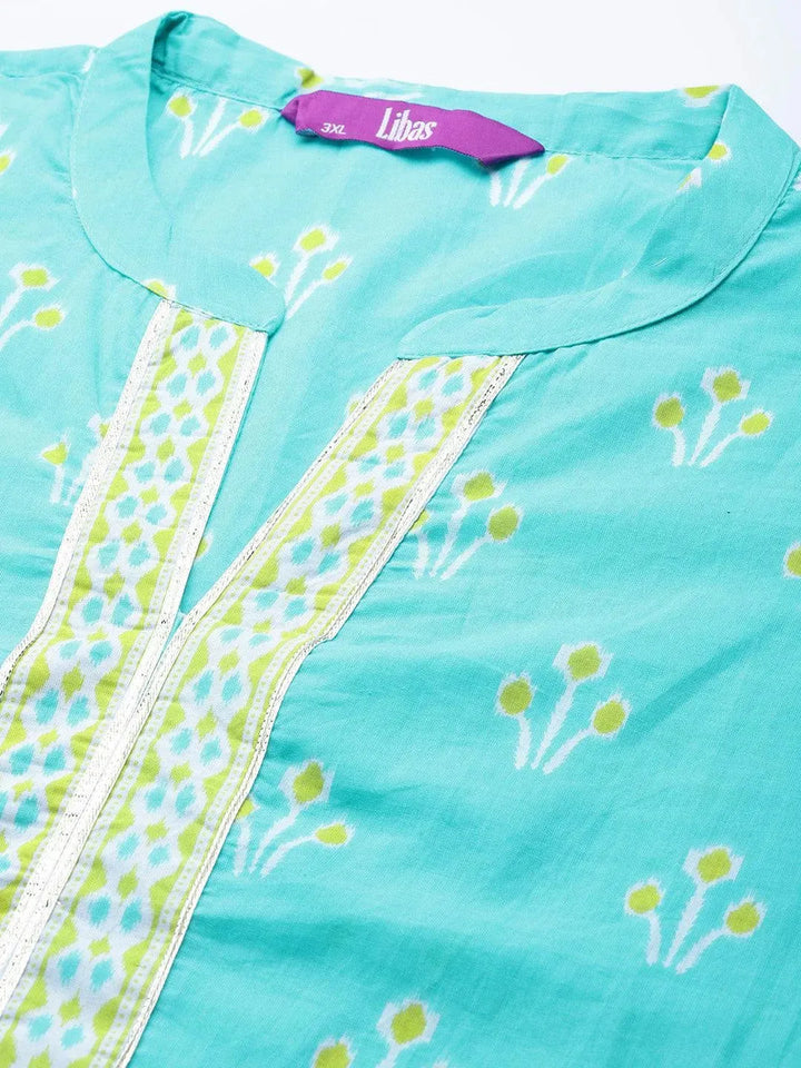 Plus Size Blue Printed Cotton Suit Set - Libas