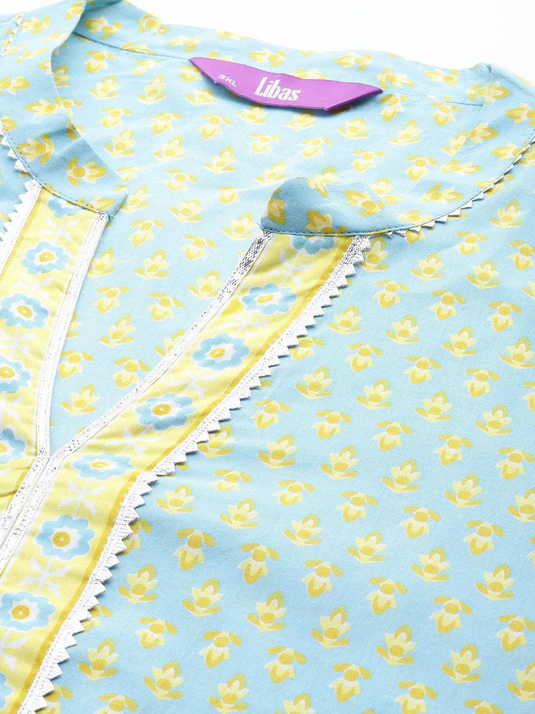 Plus Size Blue Printed Cotton Straight Kurta With Palazzos & Dupatta - Libas 