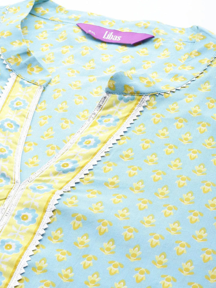 Plus Size Blue Printed Cotton Straight Kurta With Palazzos & Dupatta - Libas