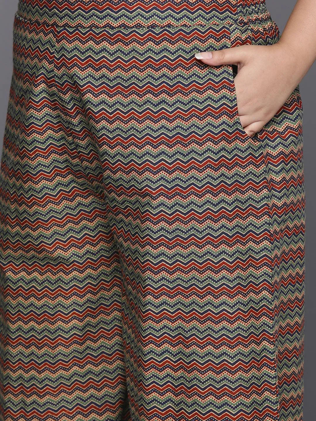 Plus Size Blue Printed Cotton Straight Kurta With Palazzos & Dupatta - Libas 